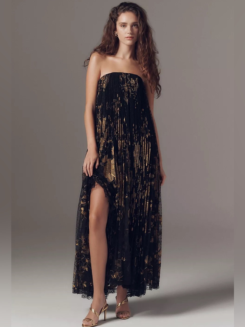Helsi Delphine Strapless Pleated Sheer Lace Maxi Dressyy black/Gold Size S NWT - Picture 2 of 9